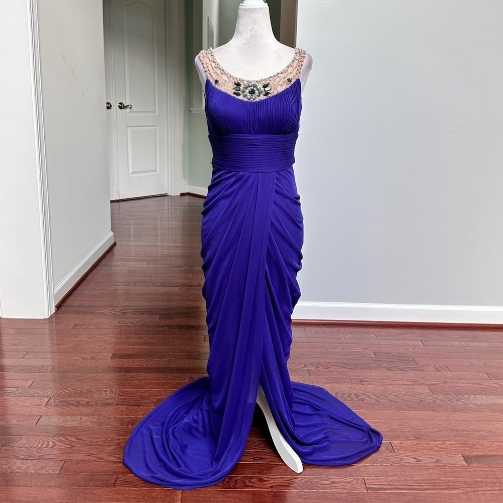 Adrianna Papell Royal Blue Embellished Neckline Draped Maxi Gown Dress Size 4